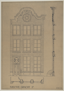 217663 Opstand en doorsneden van de voorgevel van het pand Nieuwegracht 17 te Utrecht.